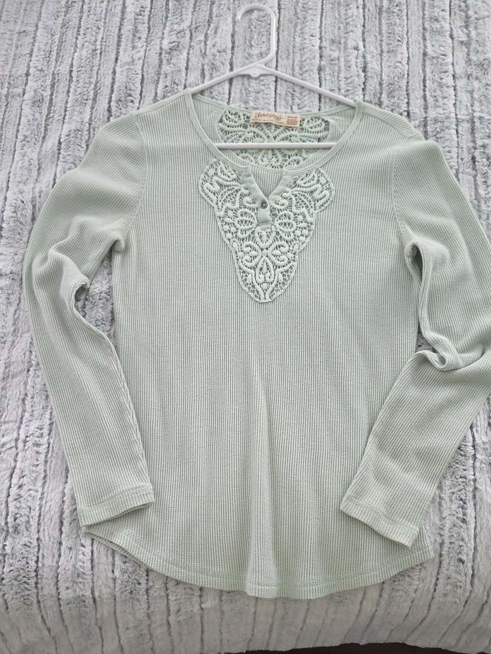 Mudd Light Sage Green Ribbed Long Sleeve Top with Lace Yoke